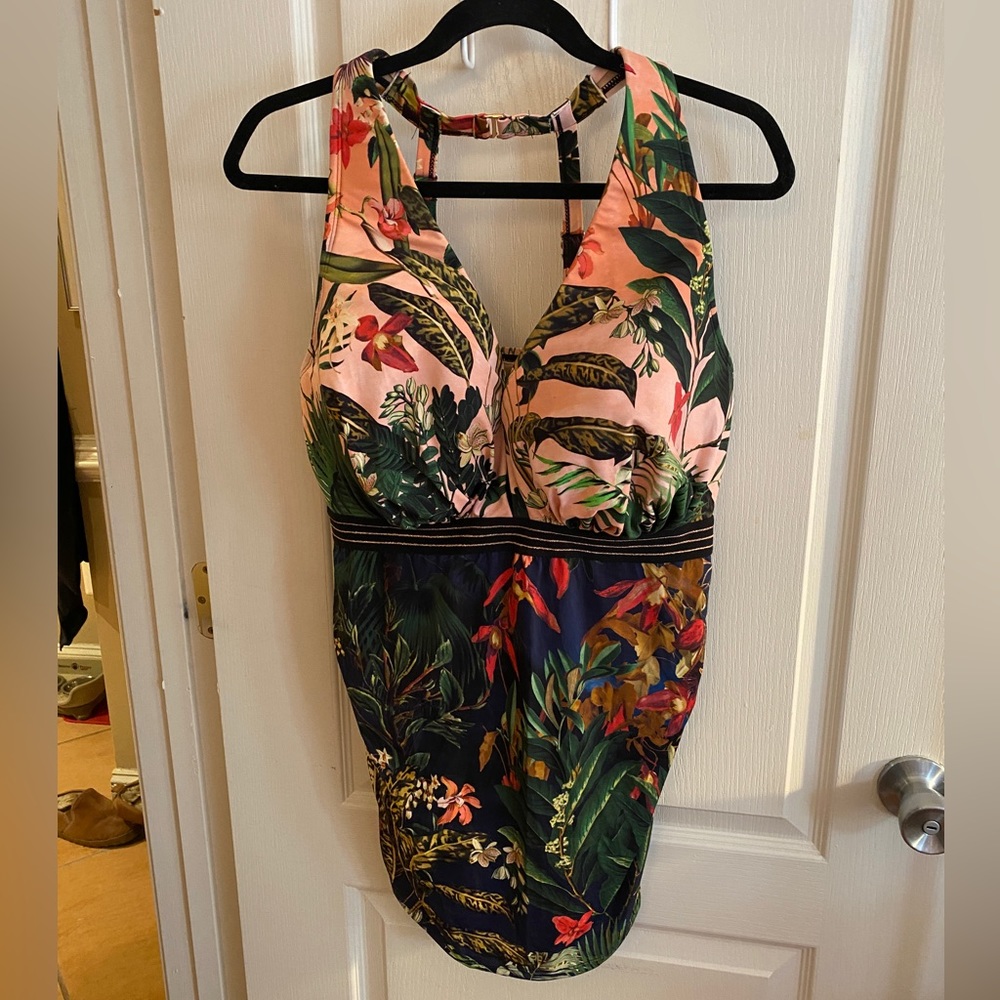 Cacique Swim Havana Tropical Peach Underwire Tankini Top 38G